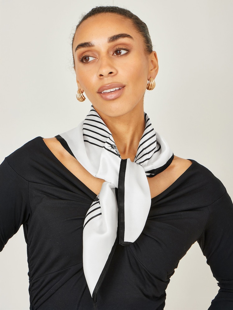 Yumi Cream Silk Butterfly Stripe Scarf - Image 2 of 3 Yumi Cream Silk Butterfly Stripe Scarf - Image 2 of 3