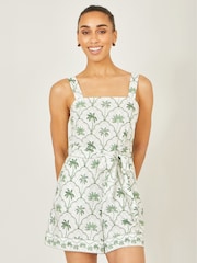 Yumi Cream Palm Print Cotton Playsuit - Image 1 of 4