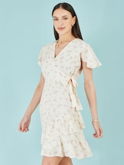 Yumi Cream Rose Print Wrap Over Frill Dress - Image 1 of 5
