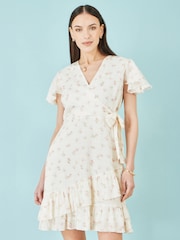 Yumi Cream Rose Print Wrap Over Frill Dress - Image 2 of 5