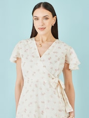 Yumi Cream Rose Print Wrap Over Frill Dress - Image 5 of 5