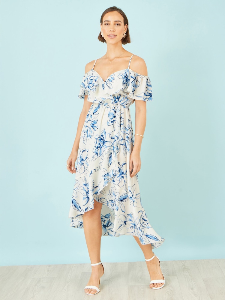 Yumi Cream Floral Print Bardot Midi Dress With Dip Hem - Image 2 of 5 Yumi Cream Floral Print Bardot Midi Dress With Dip Hem - Image 2 of 5