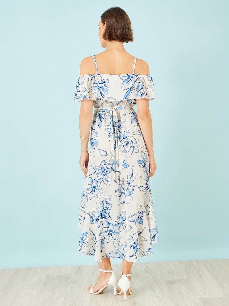 dip hem formal dress Yumi Women's Floral Print Bardot Midi occasion-Back