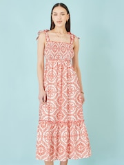 Yumi Red Viscose Ruched Tie Strap Midi Sun Dress - Image 1 of 4