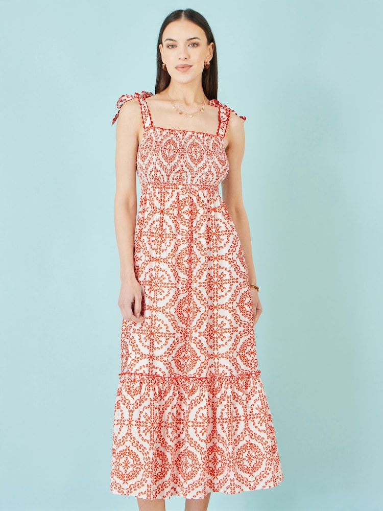 Yumi Red Viscose Ruched Tie Strap Midi Sun Dress - Image 1 of 4 Yumi Red Viscose Ruched Tie Strap Midi Sun Dress - Image 1 of 4
