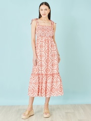 Yumi Red Viscose Ruched Tie Strap Midi Sun Dress - Image 2 of 4