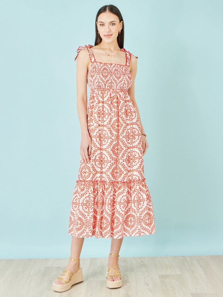Yumi Red Viscose Ruched Tie Strap Midi Sun Dress - Image 2 of 4 Yumi Red Viscose Ruched Tie Strap Midi Sun Dress - Image 2 of 4