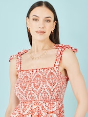 Yumi Red Viscose Ruched Tie Strap Midi Sun Dress - Image 3 of 4