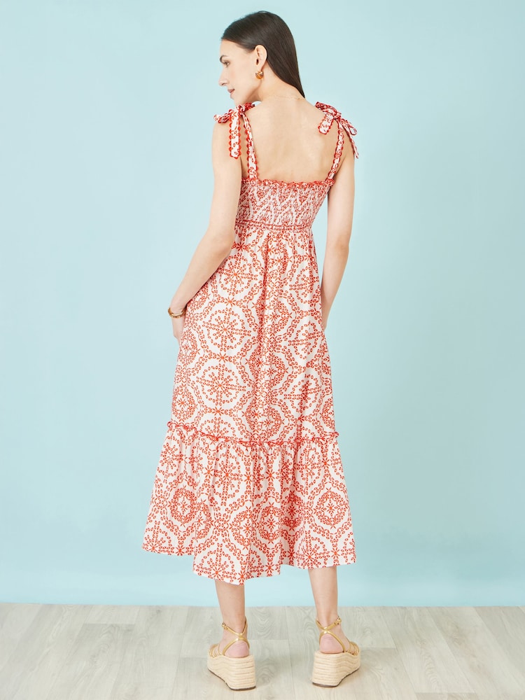Yumi Red Viscose Ruched Tie Strap Midi Sun Dress - Image 4 of 4 Yumi Red Viscose Ruched Tie Strap Midi Sun Dress - Image 4 of 4