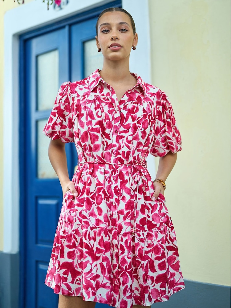 Yumi Pink Floral Print Viscose Relaxed Shirt Dress - Image 1 of 5 Yumi Pink Floral Print Viscose Relaxed Shirt Dress - Image 1 of 5