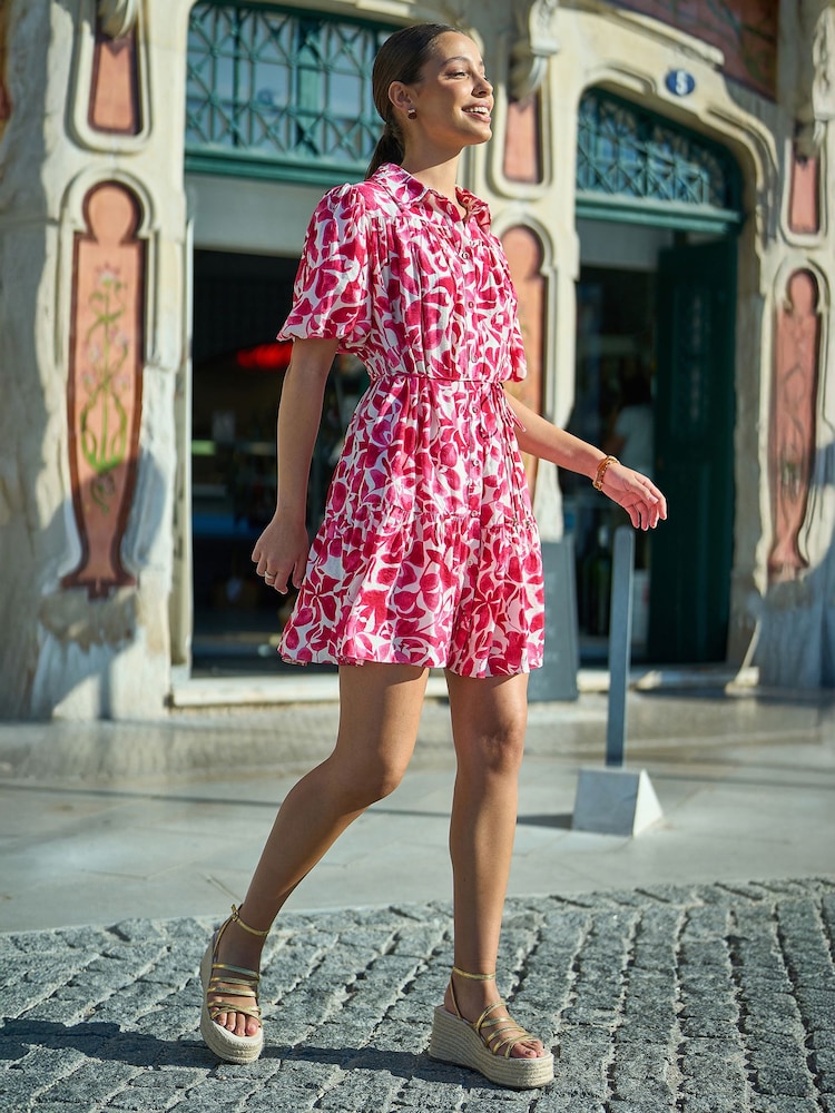 Yumi Pink Floral Print Viscose Relaxed Shirt Dress - Image 2 of 5 Yumi Pink Floral Print Viscose Relaxed Shirt Dress - Image 2 of 5