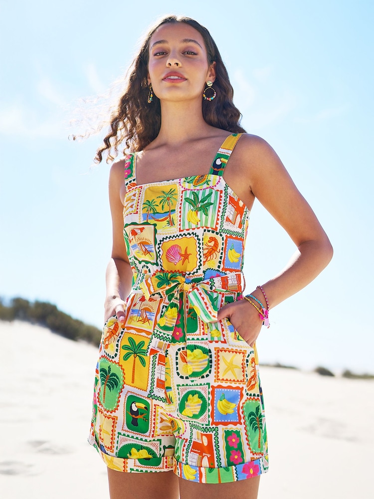 Yumi Yellow Cotton Postcard Print Playsuit - Image 5 of 5