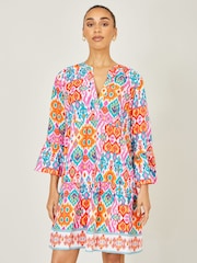 Yumi Pink Ikat Print Viscose Beach Tunic Dress - Image 1 of 5