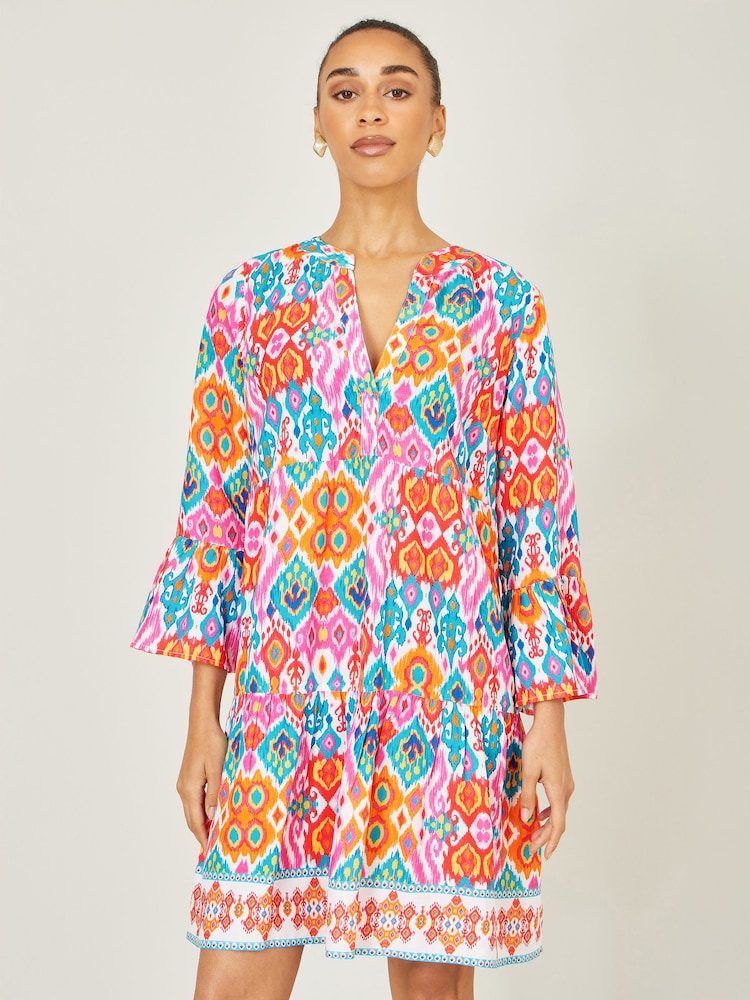 Yumi Pink Ikat Print Viscose Beach Tunic Dress - Image 1 of 5 Yumi Pink Ikat Print Viscose Beach Tunic Dress - Image 1 of 5