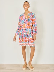 Yumi Pink Ikat Print Viscose Beach Tunic Dress - Image 2 of 5