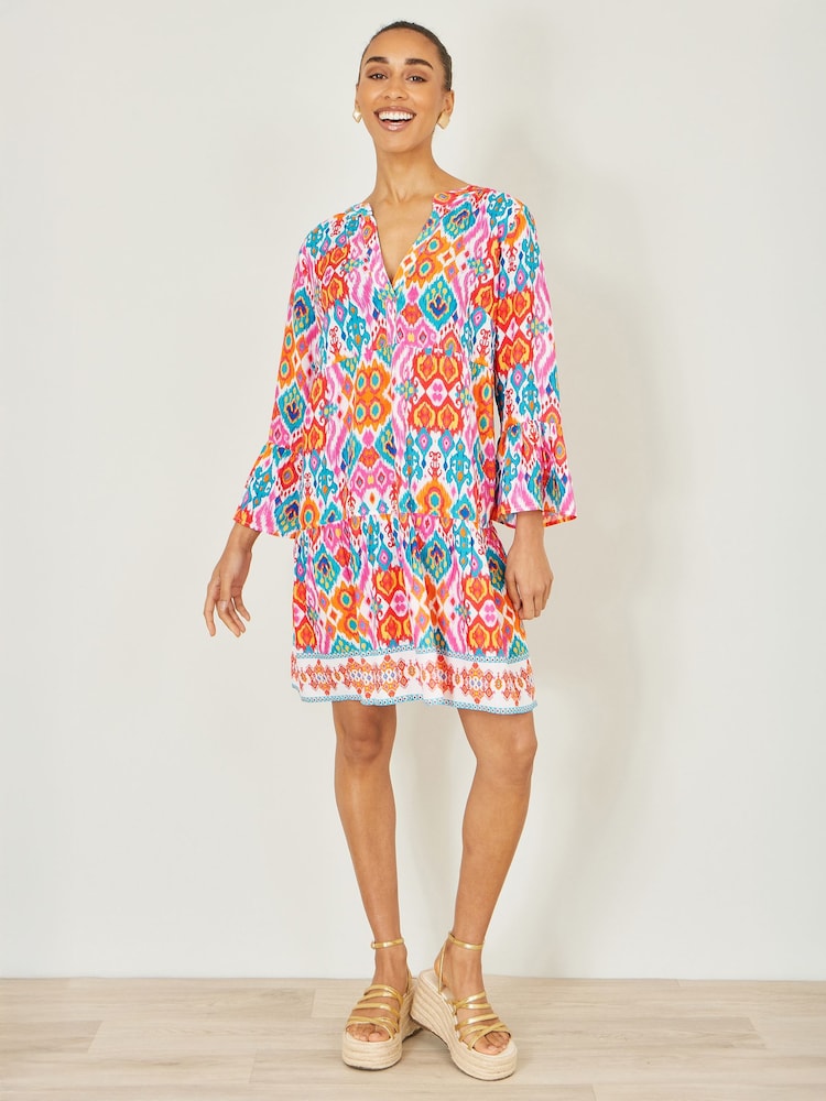 Yumi Pink Ikat Print Viscose Beach Tunic Dress - Image 2 of 5 Yumi Pink Ikat Print Viscose Beach Tunic Dress - Image 2 of 5
