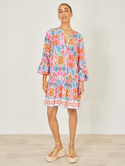 Yumi Pink Ikat Print Viscose Beach Tunic Dress - Image 5 of 5
