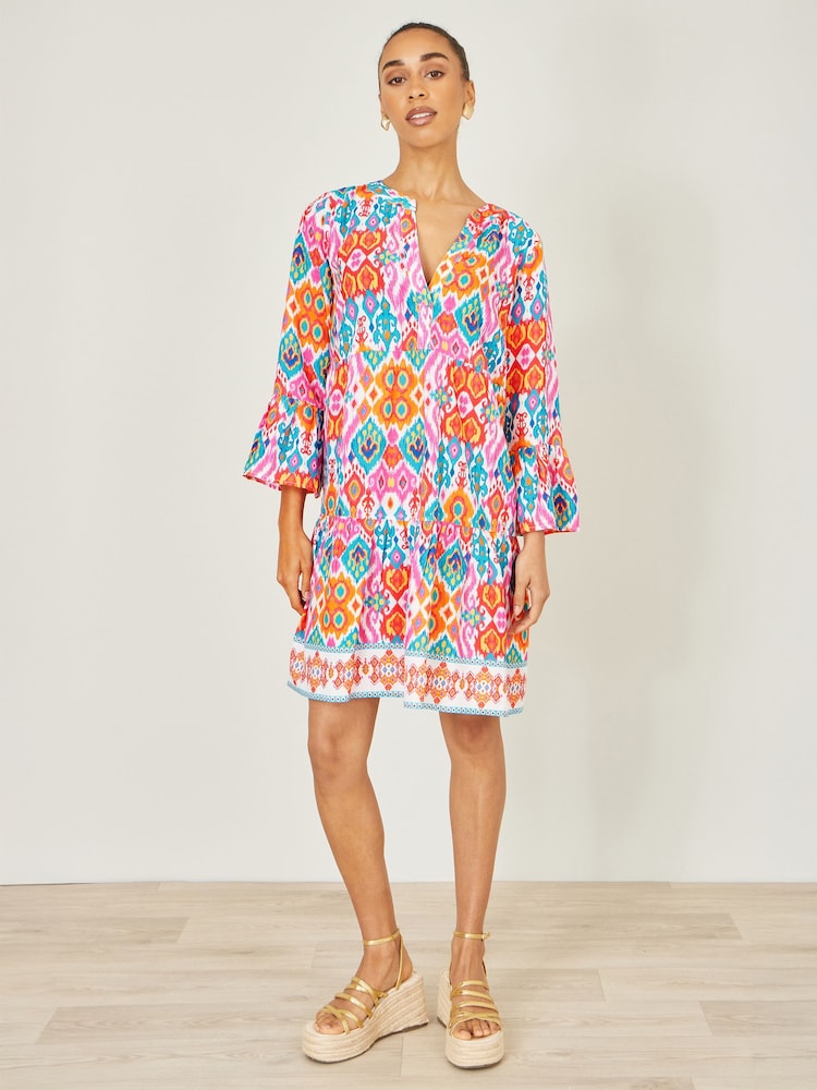 Yumi Pink Ikat Print Viscose Beach Tunic Dress - Image 5 of 5 Yumi Pink Ikat Print Viscose Beach Tunic Dress - Image 5 of 5