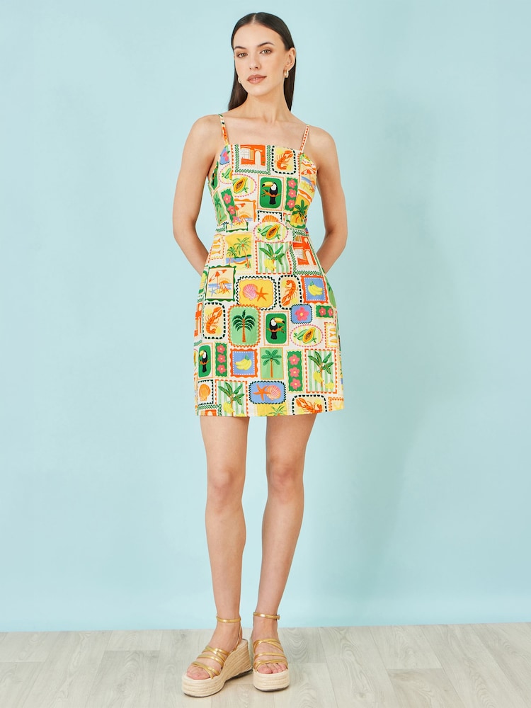 Yumi Yellow Postcard Print Mini Sun Dress - Image 2 of 5 Yumi Yellow Postcard Print Mini Sun Dress - Image 2 of 5