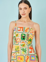 Yumi Yellow Postcard Print Mini Sun Dress - Image 3 of 5