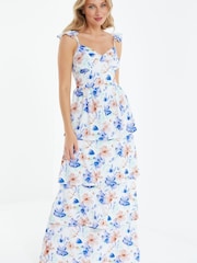 Quiz White Multi Floral Print Tiered Maxi Dress With Slit - Image 1 of 4