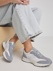 Simply Be Grey Wide Fit Leather Retro Runner Trainers - Image 1 of 4