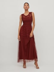 VILA Red Sleeveless Lace And Tulle Maxi Dress - Image 1 of 5