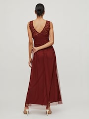 VILA Red Sleeveless Lace And Tulle Maxi Dress - Image 3 of 5