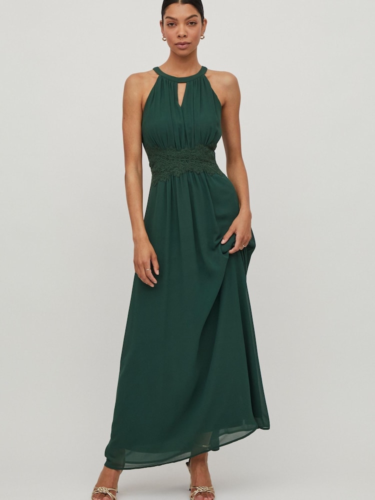VILA Emerald Green Sleeveless Lace And Tulle Maxi Dress - Image 1 of 5