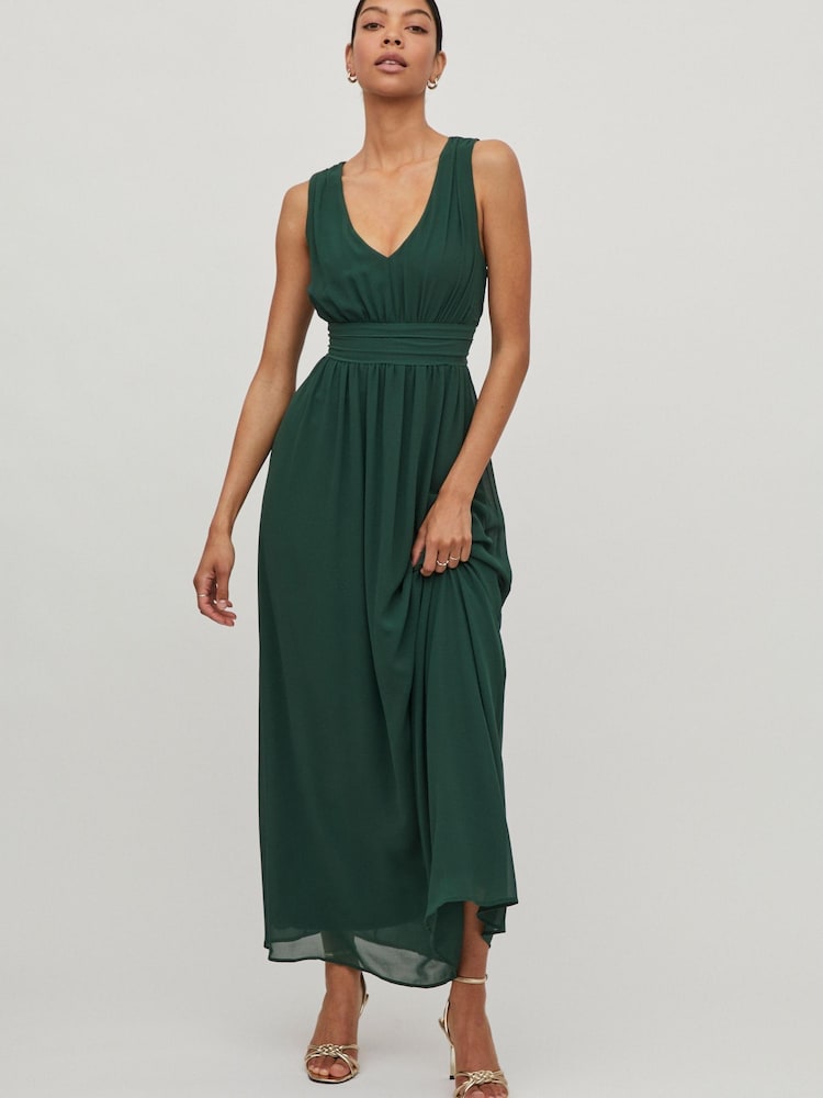 Vila Green Sleeveless V Neck Tulle Maxi Dress - Image 5 of 5
