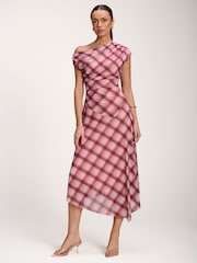 Jolie Moi Pink Asymmetric Draped Mesh Dress - Image 1 of 6
