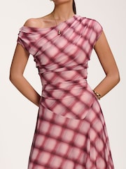 Jolie Moi Pink Asymmetric Draped Mesh Dress - Image 3 of 6