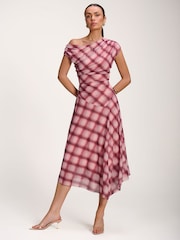 Jolie Moi Pink Asymmetric Draped Mesh Dress - Image 5 of 6