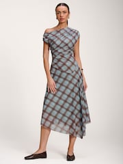 Jolie Moi Blue Asymmetric Draped Mesh Dress - Image 1 of 6
