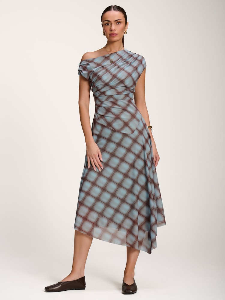 Jolie Moi Blue Asymmetric Draped Mesh Dress - Image 1 of 6 Jolie Moi Blue Asymmetric Draped Mesh Dress - Image 1 of 6