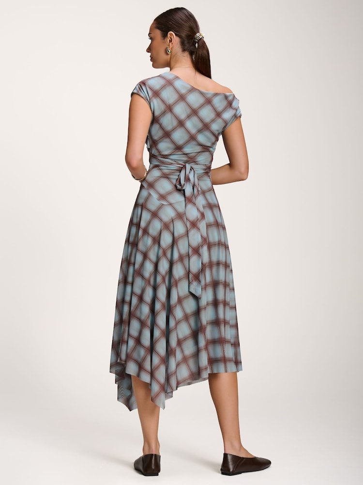 Jolie Moi Blue Asymmetric Draped Mesh Dress - Image 2 of 6 Jolie Moi Blue Asymmetric Draped Mesh Dress - Image 2 of 6