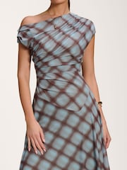 Jolie Moi Blue Asymmetric Draped Mesh Dress - Image 3 of 6