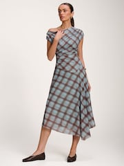 Jolie Moi Blue Asymmetric Draped Mesh Dress - Image 4 of 6