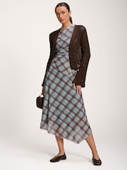 Jolie Moi Blue Asymmetric Draped Mesh Dress - Image 6 of 6