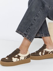 Simply Be Brown Wide Fit Lace Up Animal Print Suede Trainers - Image 1 of 4