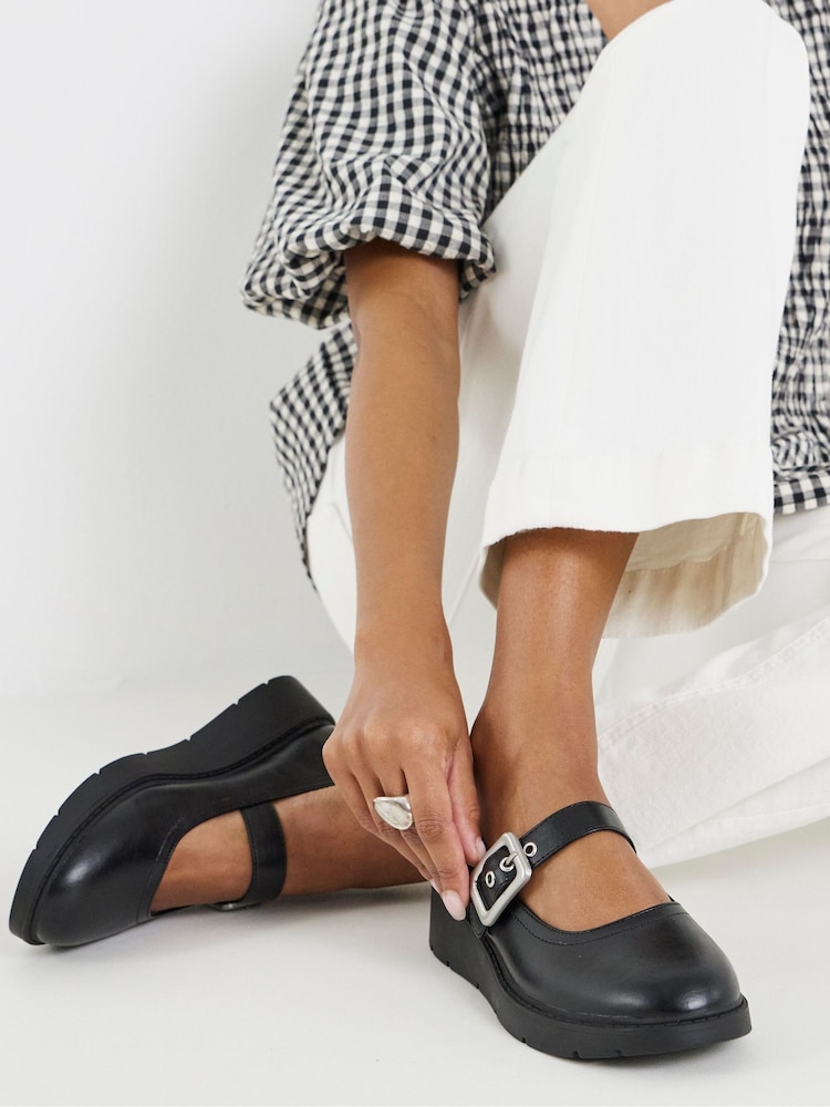 Simply Be Black Wide Fit Wedged Buckle Mary Jane Shoes - Image 1 of 4 Simply Be Black Wide Fit Wedged Buckle Mary Jane Shoes - Image 1 of 4
