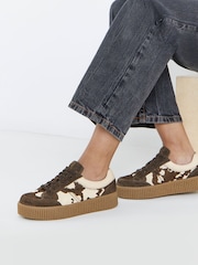 Simply Be Brown Extra Wide Fit Lace Up Animal Print Suede Trainers - Image 1 of 4