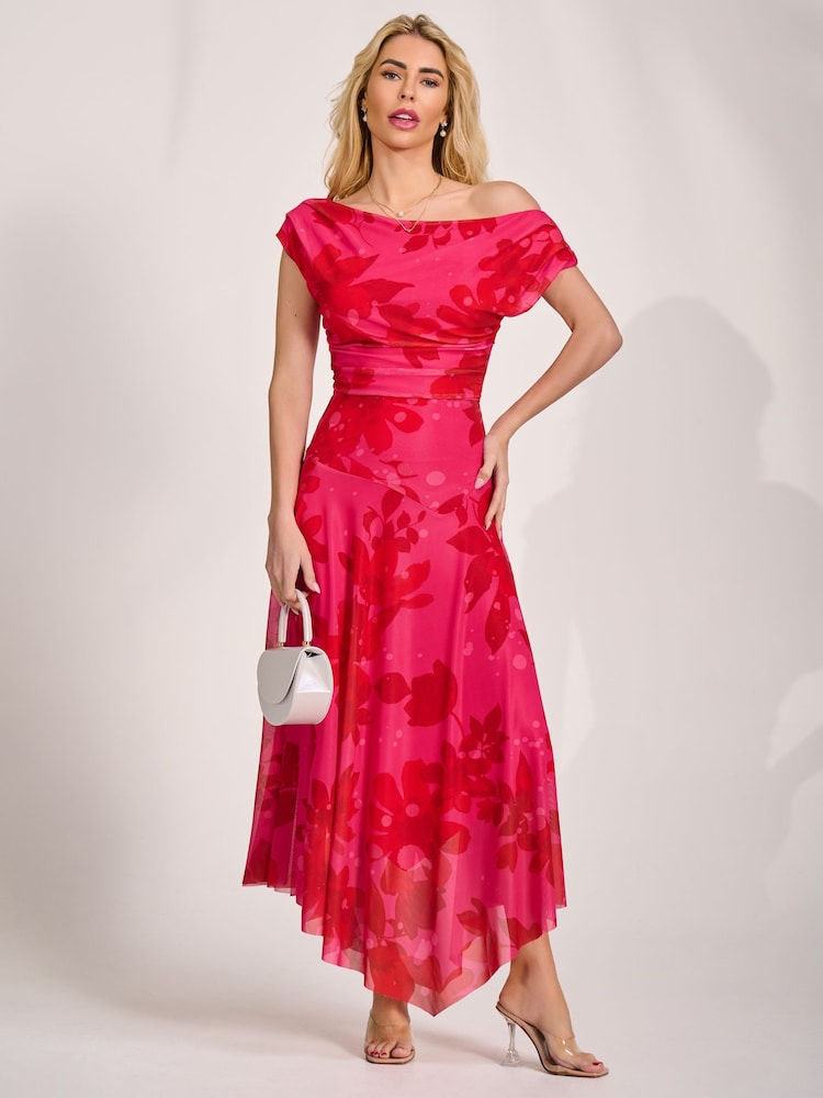 Jolie Moi Red Asymmetric Draped Mesh Maxi Dress - Image 1 of 6 Jolie Moi Red Asymmetric Draped Mesh Maxi Dress - Image 1 of 6