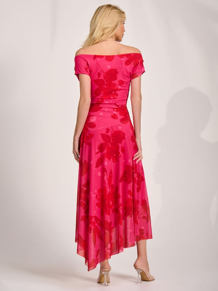 Jolie Moi Red Asymmetric Draped Mesh Maxi Dress - Image 2 of 6 Jolie Moi Red Asymmetric Draped Mesh Maxi Dress - Image 2 of 6