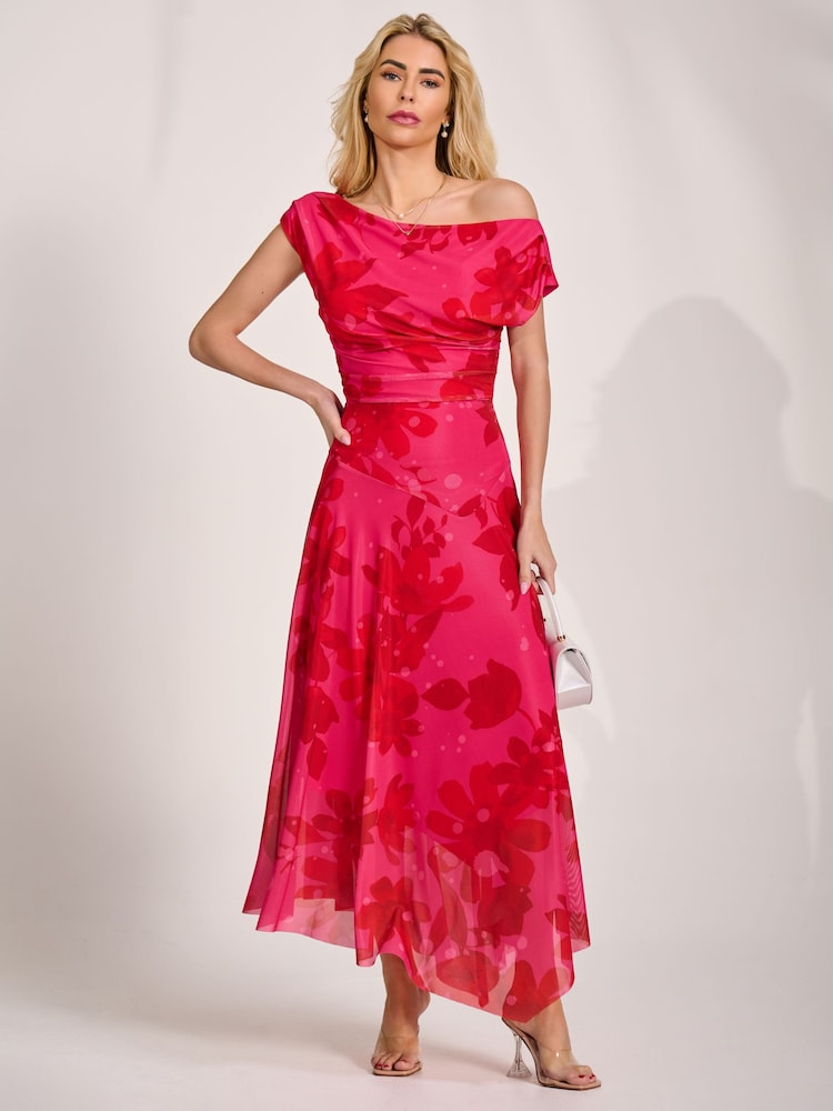 Jolie Moi Red Asymmetric Draped Mesh Maxi Dress - Image 6 of 6 Jolie Moi Red Asymmetric Draped Mesh Maxi Dress - Image 6 of 6