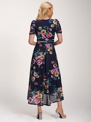 Jolie Moi Navy Blue Petite Mesh Print Dip Hem Maxi Dress - Image 2 of 6