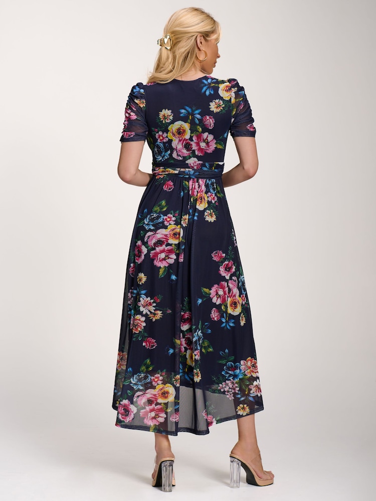 Jolie Moi Navy Blue Petite Mesh Print Dip Hem Maxi Dress - Image 2 of 6