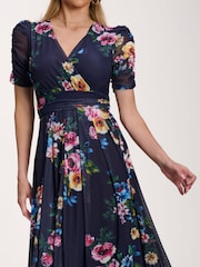 Jolie Moi Navy Blue Petite Mesh Print Dip Hem Maxi Dress - Image 3 of 6