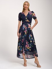 Jolie Moi Navy Blue Petite Mesh Print Dip Hem Maxi Dress - Image 4 of 6