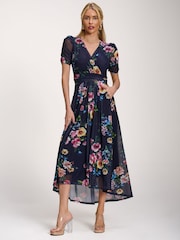 Jolie Moi Navy Blue Petite Mesh Print Dip Hem Maxi Dress - Image 5 of 6